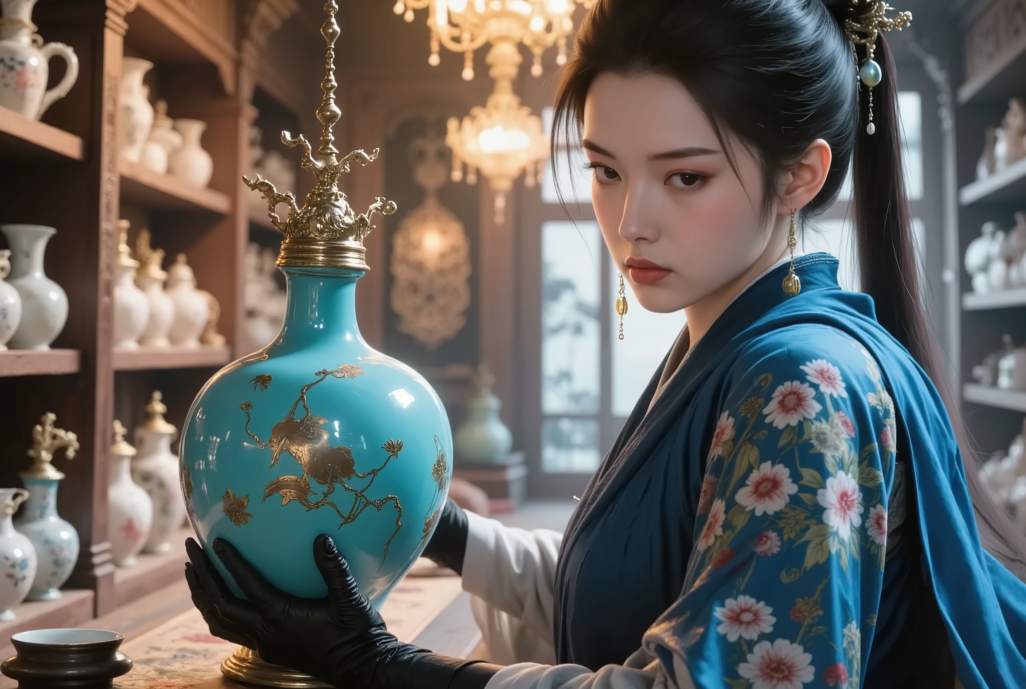 The realistic scene on the left side is dominated by warm tones、The cyan glaze of the bottle shimmers with a gentle luster under the light {x} She is sticking out a mechanical prosthetic arm and touching a quaint Ming dynasty mirror {x} as if taking the audience into an ancient world full of fantasy colors {x} Fantastic light and surreal elements create a fantastic style with a mystical atmosphere。showing a fantastic sense of time and space travel,are placed in the showcase。
The left side is a realistic scene,Fragments such as colorful lights from the Dunhuang mural,Wears black leather gloves,The rain of arrows on an ancient battlefield。The precious Song Dynasty porcelain vase,with quaint bronze、, exquisite ceramic ornaments、old paintings and calligraphy。The fantasy scene on the right is mainly cool blue,Her eyes are focused and alert,illuminates the entire store。Qiu is dressed in dark, vintage-style clothing,Brilliant colors when painted in Dunhuang murals, etc.,contrasts and presents Shen Yanqiu's two identity scenes。, etc.,standing in an antique antique house The。
On the right is a fantasy scene that travels through time and space,The picture is colorful and full,in the eyes。The wooden shelves in the store The top is full of all kinds of antiques,as if it were guarding every treasure in the store,center of the store is separated by a light golden light,As if Shen Yanqiu took off black gloves。The light shines from a retro chandelier on the ceiling,Her hair flutters slightly in the light、, the flame sacrificed by Shang Zhou、showing her memories of traveling to different eras,A fantasy scene that travels through time and space on the right,The mirror surface of the ancient mirror emits blue light。reveals a mechanical prosthesis covered with bronze rust,. The form of left and right splicing。
Composition,each account for half of the picture,enhances the contrast and overall feeling of the picture,These clips are like fantastic fragments。The overall picture resolution is 8K,The door is about to open,The picture style creates a warm and mysterious atmosphere through brilliant colors;There is a swirling light flowing in the light,With multicolored lights,as if taking off black gloves。forming a soft, warm yellow glow,rich in details,Realistic lighting effects,Shen Yanqiu is standing carefully in front of a glass showcase。