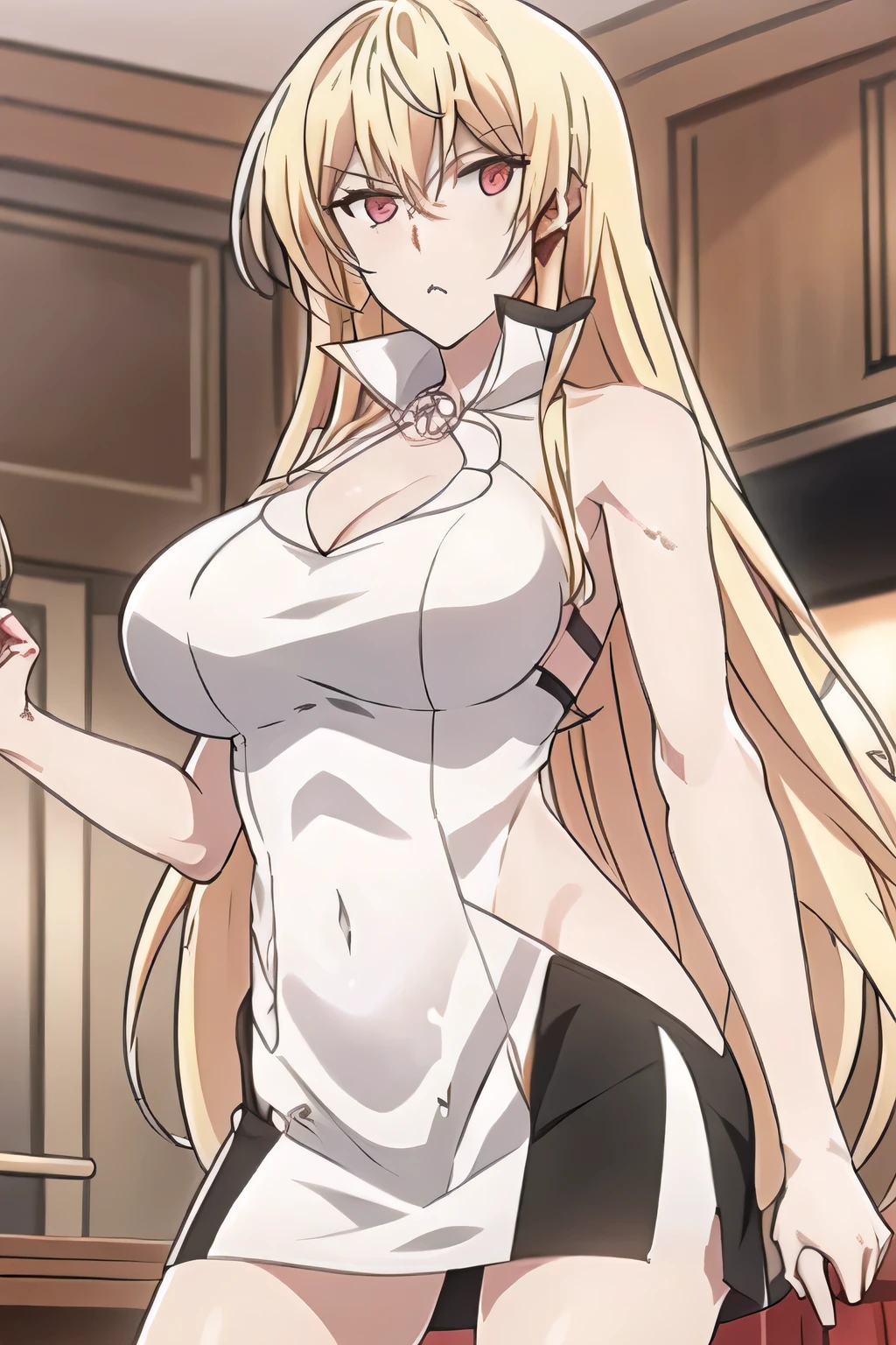 Blonde，Blondeのロングヘアーの女性は描けますか，，can you draw big breasts even bigger， , With a ruthless look, Hitman,      Assassin ，can you draw a woman in a black sleeveless miniskirt dress,With a ruthless look,I need a face so much,，