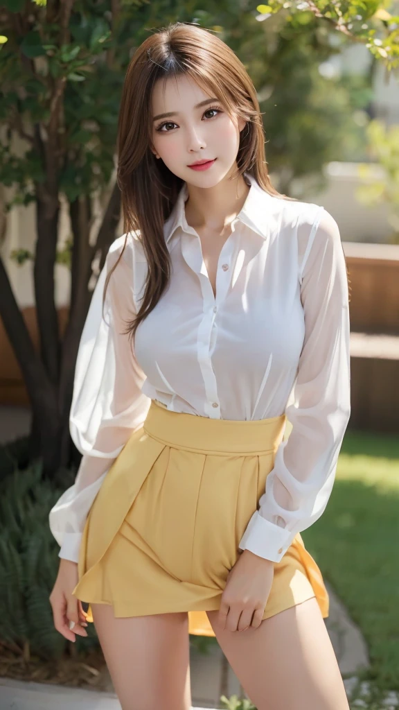 Schoolgirl, 19 years old, realistic, she wears a white transparent shirt above her, a short black skirt underneath, [nfsw,], yellow hair.