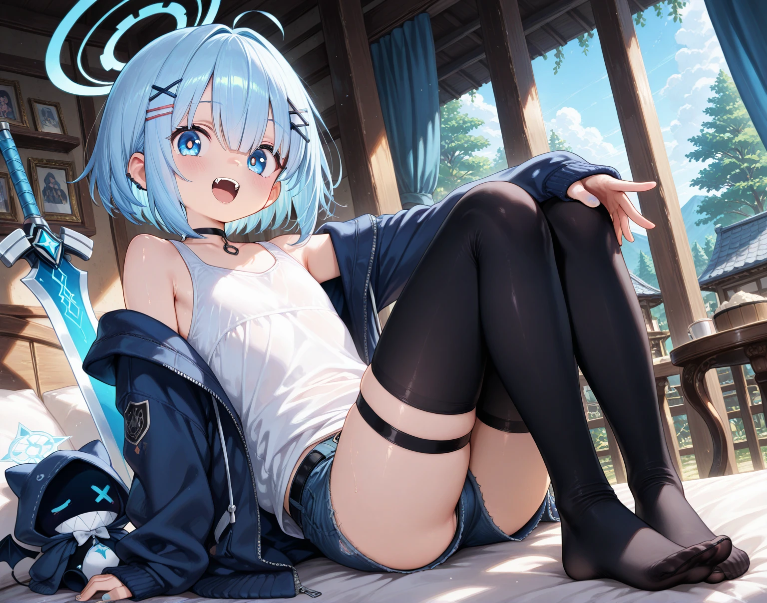 rem,re zero,blue hair, short bob hair, masterpiece, best quality, ultra-detailed, realistic,
(white theme),(white crochet
knit crop top),(halter neck)
((sleeveless, bare shoulders, bare
arms)),
(white pumps with heels).
(denim palazzo pants),
(ankle),