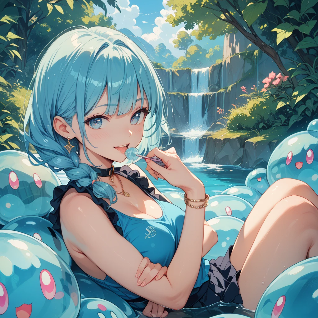 Anime Moe Art Style,highest quality,High resolution,Anatomically correct,One Girl,Mid-teens,A girl with light blue hair in a ponytail,Super detailed,Fantasy-inspired costumes,Tank top,hot pants,Big Breasts,Cleavage,Laughing with your mouth open,Bright smile,A rich expression,Lakeside,Outdoor,early morning,Sitting on knees,Sitting directly on the ground,Eyes drawn in detail,hair ornaments,necklace,8K