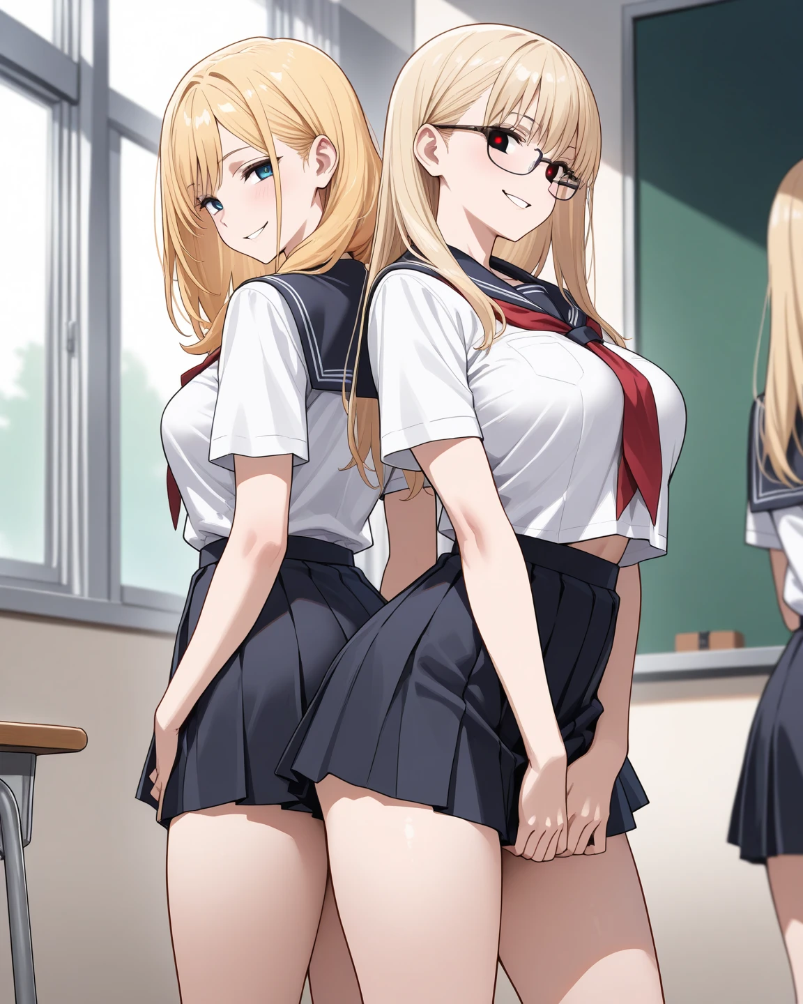 ((2 girls))、(smile:1.5)、Small breasts、(Cowboy Shot)、(fun!!)、(cardigan)、(Blonde)、(blush:1.4)、、(single braid)、(Eye highlights:1.3)、blake black shoes,(黒いskirt)、bow, button, shirt with collar, Long sleeve, ((red bow tie, , Black jacket, Open jacket, 茶色のcardigan, white shirt, 黒のskirt, チェック柄のskirt、white socks)),, shirt,, skirt, socks, Thighs, white shirt, Rest indoors, ((classroom:1.5))、 BREAK while watching the audience、(skirtを掴む:1.0)、 (Perfect hands, Perfect Anatomy),Cowboy Shot、(skirt lift:1.3),(Highly detailed white panties:1.3)、(highly detailed panties:1.3)、、(skirt that rolls up:1.3)、(Full-fledged panties:1.5)、Light blue eyes、
