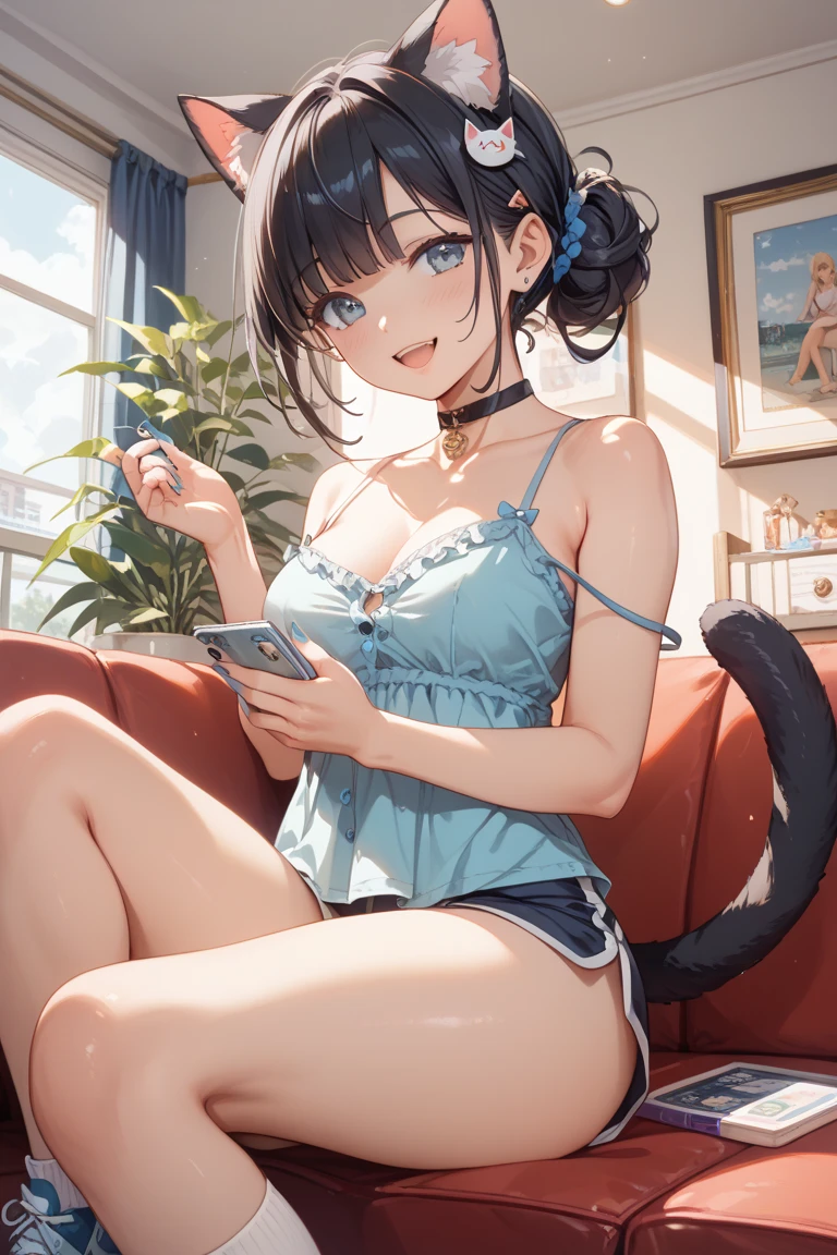 (high quality、8K、ultra hd、Beautiful 16 year old Japanese woman with a kitten on her lap)、Tank top、mini skirt、A happy smile、whole body、random pose、A cute pop room with kittens、digital painting、concept art、3D lighting、2D rendering、art germ、ArtStat Trends、pop of color、pop art