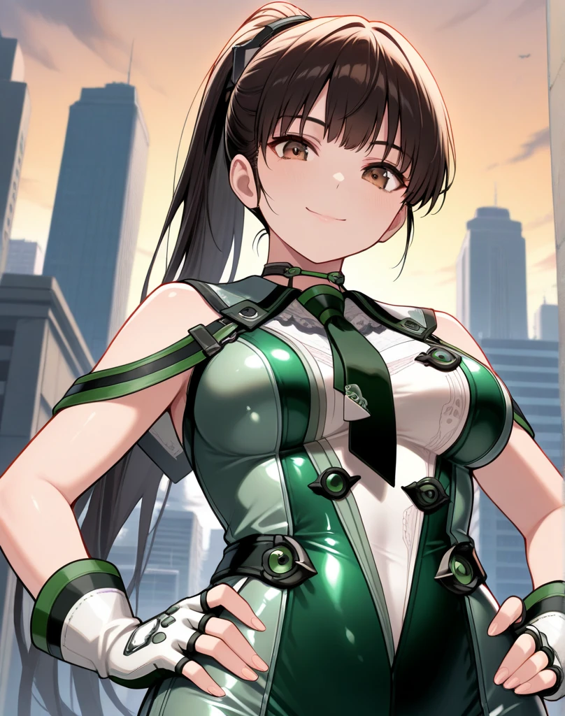<lora:anipony_XL:0.5>, score_9, score_8_up, score_7_up, rating_general, solo, source_anime, anime screencap style, anime screencap, flat coloring, <lora:Eve_Stellar_Bladde_for_PonyXL:0.8> eve (stellar_blade), ponytail, bangs, very long hair, large breasts, science fiction, parted lips, skin suit, skin tight, shiny clothes, <lora:xl_kono dio da(pony):0.75> dio face, open mouth, smile, parody, pointing, meme, upper body shot