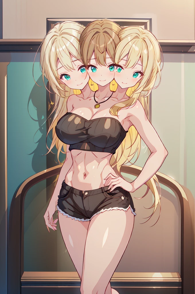 best quality, (masterpiece),(ultra-detailed), (high quality), (high resolution), ((3heads:1.5)), best quality:1.5, highres, UHD, 16K), smiling, highres, masterpiece, ((blonde hair:1.5)), (long hair), blushing, ((cinematic particles)), cowboy shot, ((top tank top)), green shorts, sharp looking eyes,, headband