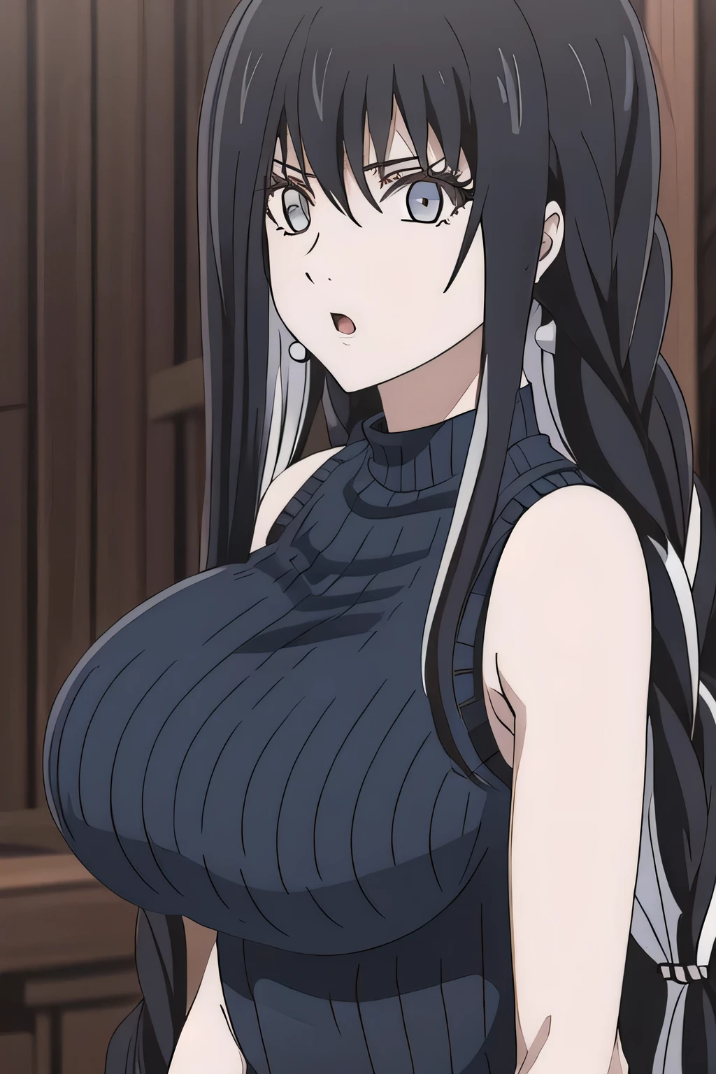 Can you draw a woman with long black hair,,can you draw big breasts even bigger, , With a ruthless look, Hitman, Assassin ,can you draw a woman in a black sleeveless miniskirt dress,With a ruthless look,I need a face so much,,