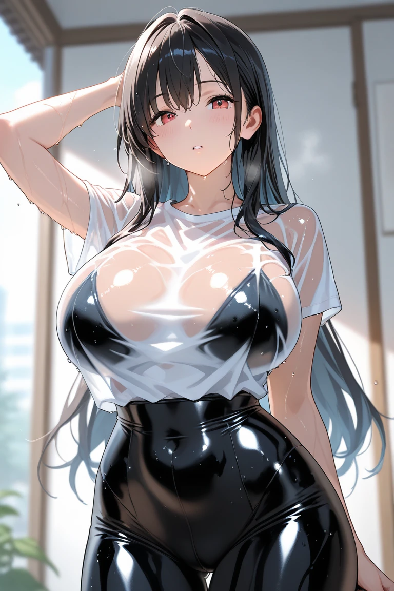 masterpiece, high quality, perfect face, perfect fingers, perfect anatomy, perfect arms, perfect legs, 1 female,black hair,25 years old,(((blue shiny micro tight skirt)))((white tank top))(((blush)),(((straight hair))),(((portrait))),crowd,,(wet with sweat)((sexy black bra and see-through tank top))(leather thigh high boots)(((big breasts))), hot, seductive, spicy