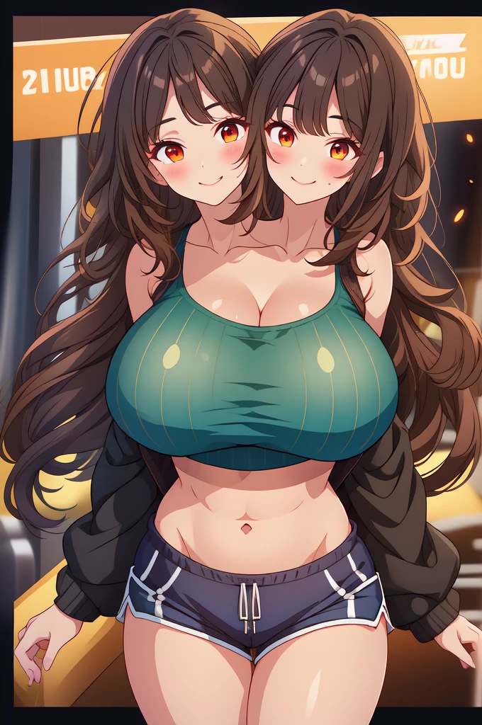 2heads, tall thin woman with 2 heads. Massive breasts. Mature. At a music festival. Drinking a beer. Wearing tiny bikini top. Wearing ripped jean shorts. Deep cleavage. Messy hair. Happy. Smiling. Blushing. Cool expression, smug. Think eyeshadow. Seductive. Pulling shirt, touching breasts. Huge thighs. Extremely huge breasts. Girlfriend.