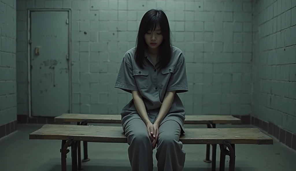 "A beautiful asian girl with long, straight black hair is wearing a brow, long-sleeved prison uniform with matching pants. She is in a women’s prison, kneeling in a dimly lit prison corridor. Her hands are cuffed in front of her, and she is wearing plain rubber slippers on her feet. The corridor is narrow, with gray concrete walls and metal-barred cell doors lining the sides.