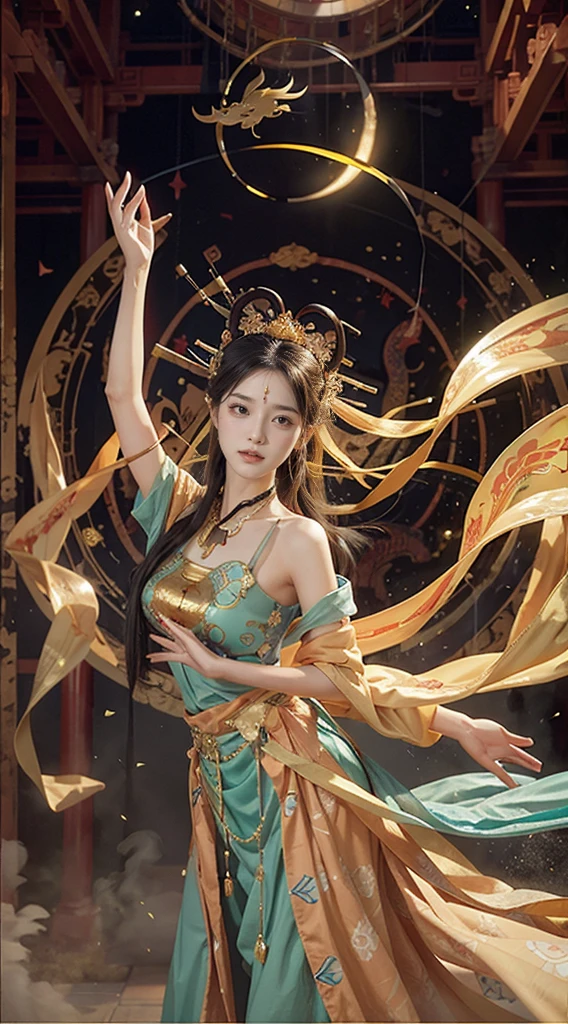 (Masterpiece, top quality, best quality, extreme detail, highest detail, official art, Beauty and Aesthetics: 1.2), Colorful, Denim Shot, Upper Body Shot, Beautiful Face, Solo, Perfect Body, On the Sky Clouds, Fairy, Flowing Streamers, Sun Rays, Clouds, Full Body, Hanfu, Chinese Clothes, White Dress, Water, Fireflies, Night, Starry Sky, Jewelry, Feathers on Dresses, Peacock Feathers, Light Particles, Volumetric Lighting, Ray Tracing (Flowing Streamers: 1.1), (Fantasy: 1.2), Illuminator, Stars, Fantasy, High Contrast, Ink Strokes, Overexposure, Purple and Red Tone Impressions, Abstract, ((Watercolor by John Berkey and Jeremy Man)) Brush Strokes,