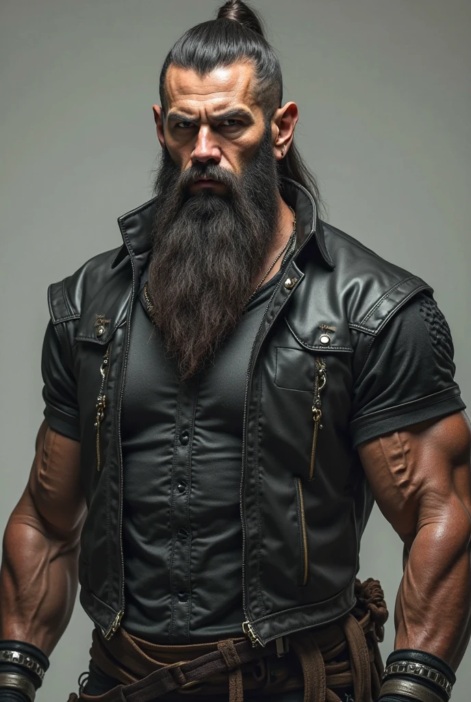 a side view of a muscular man in a long black sleeved leather coat full of metal studs and the massive, tall high collar turned up covering the sides of his face, detailed facial features, extremely detailed muscular physique, chest hair, hairy chest, masculine tattoos, large penis, big cock, masive outline of bulging dong, fierce and intimidating expression, commanding pose, black mohawk, bearded face, clear and sharp lighting, photorealistic, cinematic, hyper-realistic, high quality, 8k, ultra-detailed, physically-based rendering, studio lighting