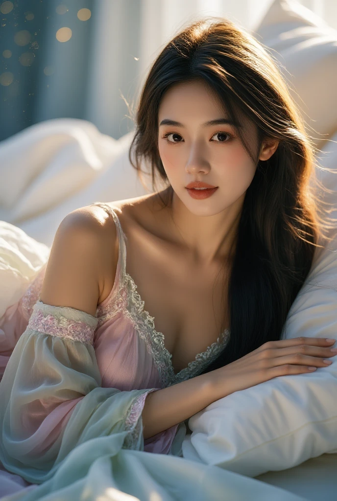 Girl lying on bed,wet,Charming eyes,Heartwarming action,Turn your face away from the camera,stooped,Bend over,turn back,Look up at your head,transparent silk pajamas ,thick long hair,Highly detailed body,Highly detailed face,best qualtiy,(Pink bra),(Off-shoulder open-front translucent blouse),
