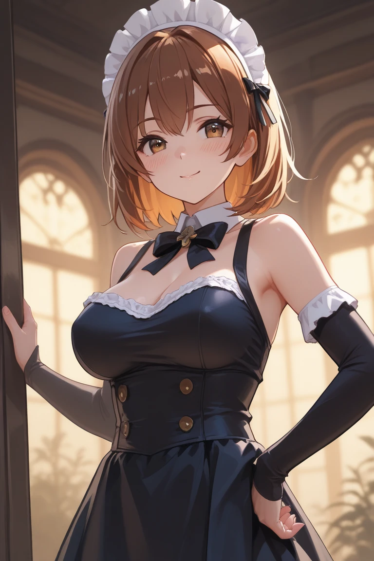 masterpiece, best quality, ultra detailed, highres, extremely detailed CG unity 8k wallpaper, perfect lighting, very detailed background, Outdoor、beautiful and aesthetic,sharp focus, perfect face, Perfect hands、Perfect Fingers、Perfect toes、Five fingers、
1lady、 smiling、
short light brown hair, large light blue eyes、delicate oval face、large breasts、
Black maid outfitAmbient light、Volumetric Light、shoot from side、(Glowing Skin:1.3)