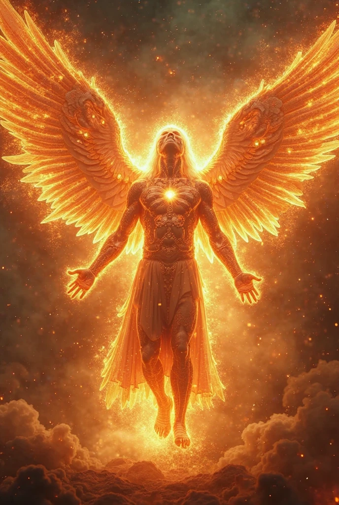 Create a glowing winged male angel image with the 7 chakras for YouTube