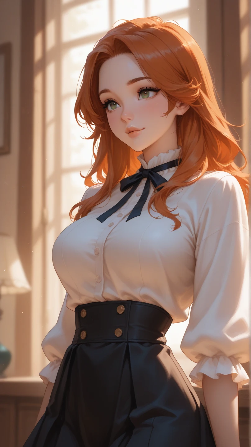 1 girl, masterpiece, very detailed, figure, game CG, disorganized, high quality, medium breasts, redhead, lightly curled hair, glossy lips, looking at the viewer, lips parted, white blouse, cleavage, A very short black pleated mini skirt, pants,(leaning towards the viewer),