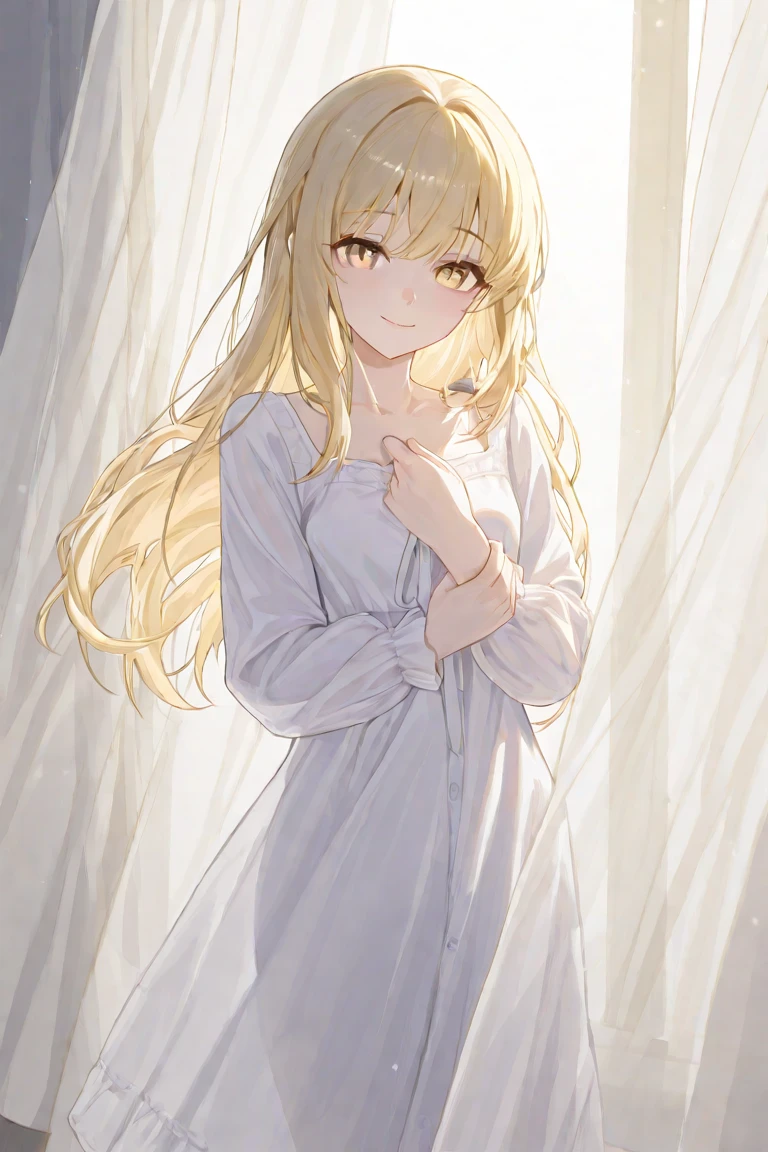 work of art, epic details, ultra detaild, high resolution, blonder woman, beautiful elf, hair tied into an elegant bun, angelic face with soft features, slim body, wearing panda kigurime pajamas, delicate and well-defined hands, expression of happiness, big friendly and simple smile, Scenario: a bright room, supper: taking a photo in front of the mirror, no mistakes, epic details no rosto, large, expressive eyes, modest and elegant behavior
