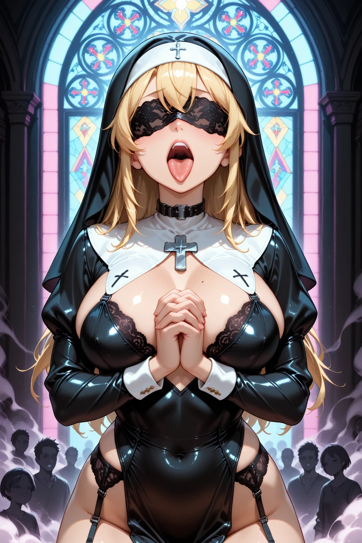 (Best quality, 8K, Masterpiece:1.3, 1girl, Beautiful girl), cute, Dynamism, Detailed face, Detailed skin, detailed clothes, Detailed eyes, Detailed lips, Detailed tongue, Detailed fingers, Detailed mouth, Photorealistic, Raw photo, highres, hight resolution, Natural lighting, dynamic pose, perfect anatomy, toned legs, double eyelids, tear bags, round eyes, moist lips, sweaty, (nun, gothic nun costumes, (lace blindfold), sticking tongue out, drooling), cross motif, cross, breasts, masturbation, blonde hair, forehead, cum in mouth, cum on tongue, nsfw, ecstatic face, smile, cum in pussy, blush, spread pussy, pinching nipples herself, urethra, on back, sex, penis, boys, hand job, blow job, fellatio, gangbang, men are grabbing her breasts, slave