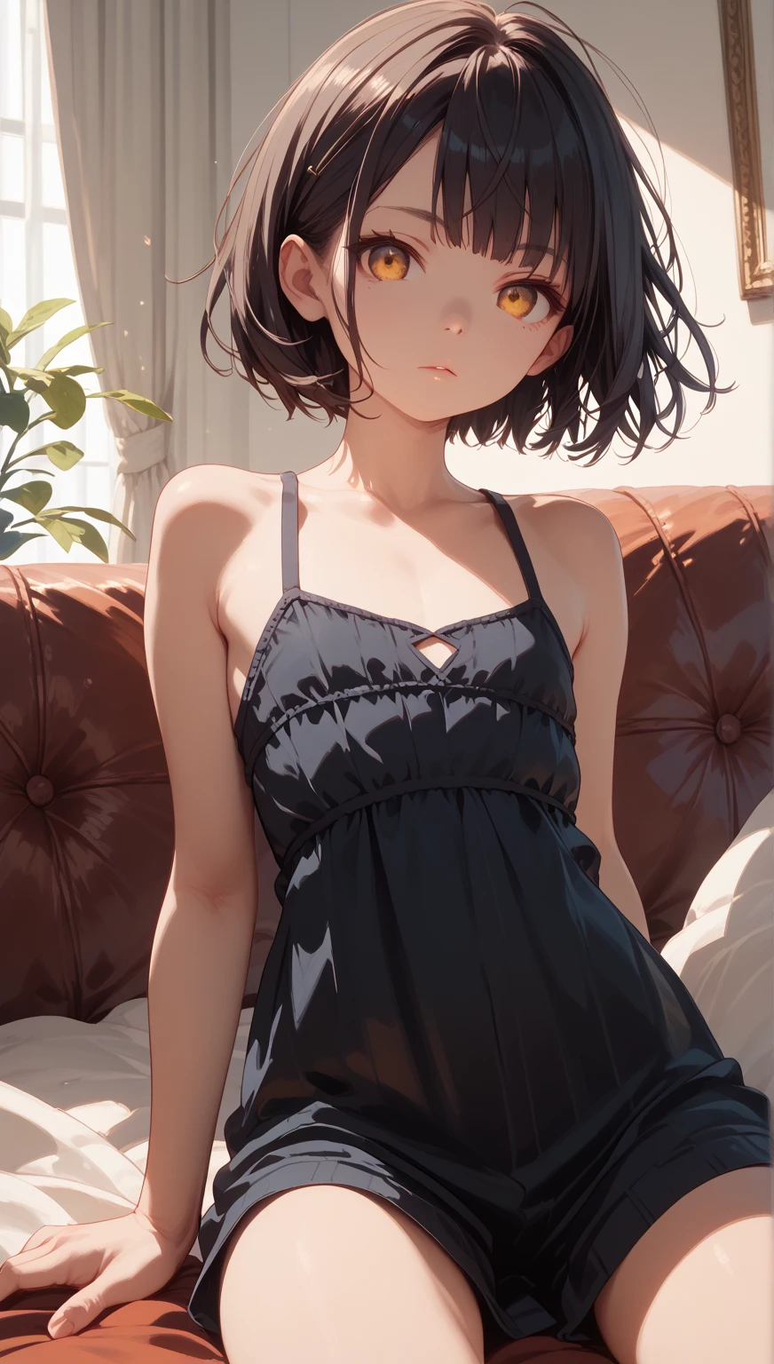 8K,gal,an extremely delicate and beautiful,Beautiful and realistic skin,Shiny jewel-like earrings,Bedhead,like glitter black hair,,beautiful eyes,Fashion Model,full body,tanktop,shortshorts
