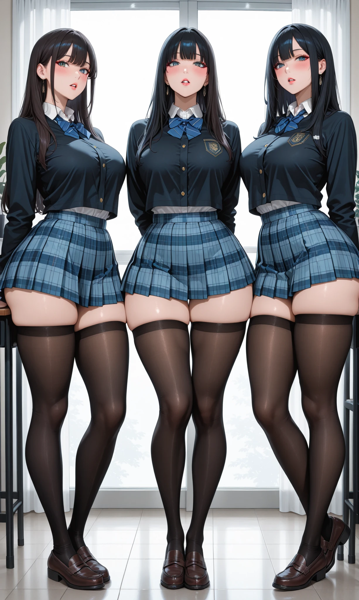 masterpiece, High Quality, Three female college students, different hairstyles, college pleated miniskirt uniform in the studio, various bust sizes, viewers from glans to faces, In the studio, Bright indoors, Blush, 太ももlong black stockings_wide thighs_long legs, parted lips, makeup, accessories, dynamic pose, (I can see all 3 girls), A girl with a super cute face_long black stockings, erotic girl, wide thighs_long legs黒いタイツ, Thin Ankles, Loafers,