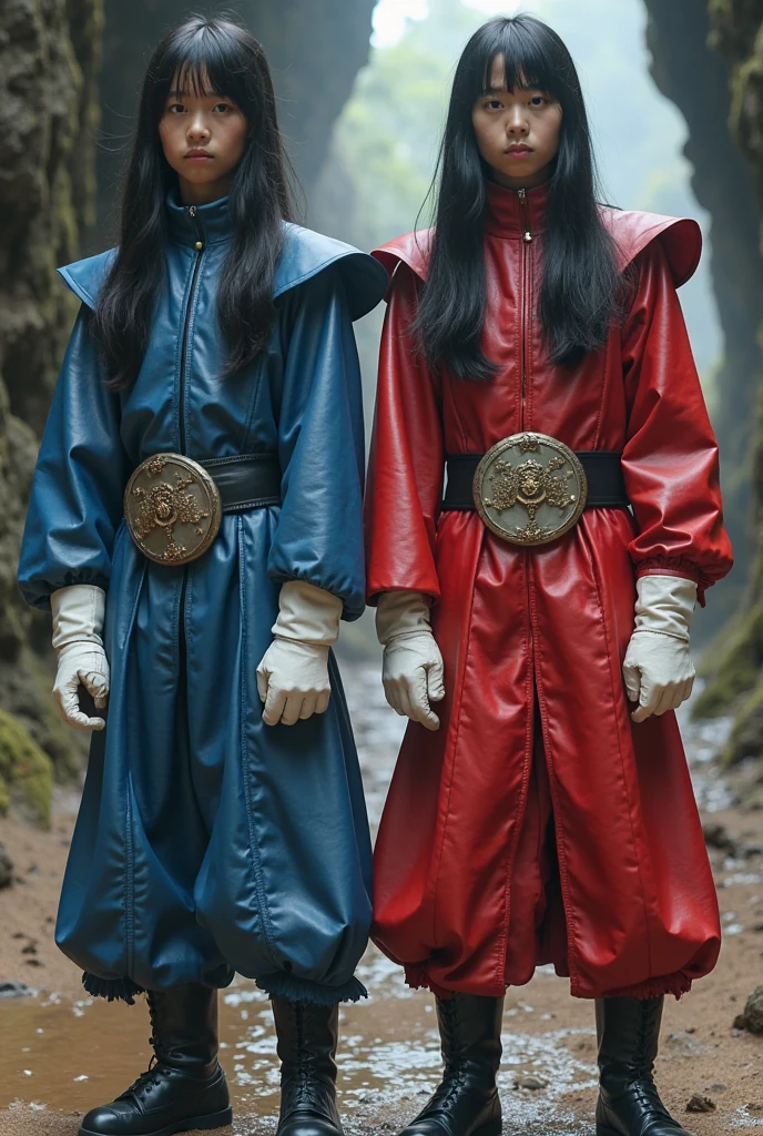 tmasterpiece, Best quality at best, 2 young men, A gay couple, Homosexuality, 2 Men, A red-haired person and another blonde person, Height difference, Different colors, apathy, Loves, Church background, Thick and messy hair,Gay,Both wore ninja samurai uniforms,Knight boots Seductive feet,Model figure,Tall,