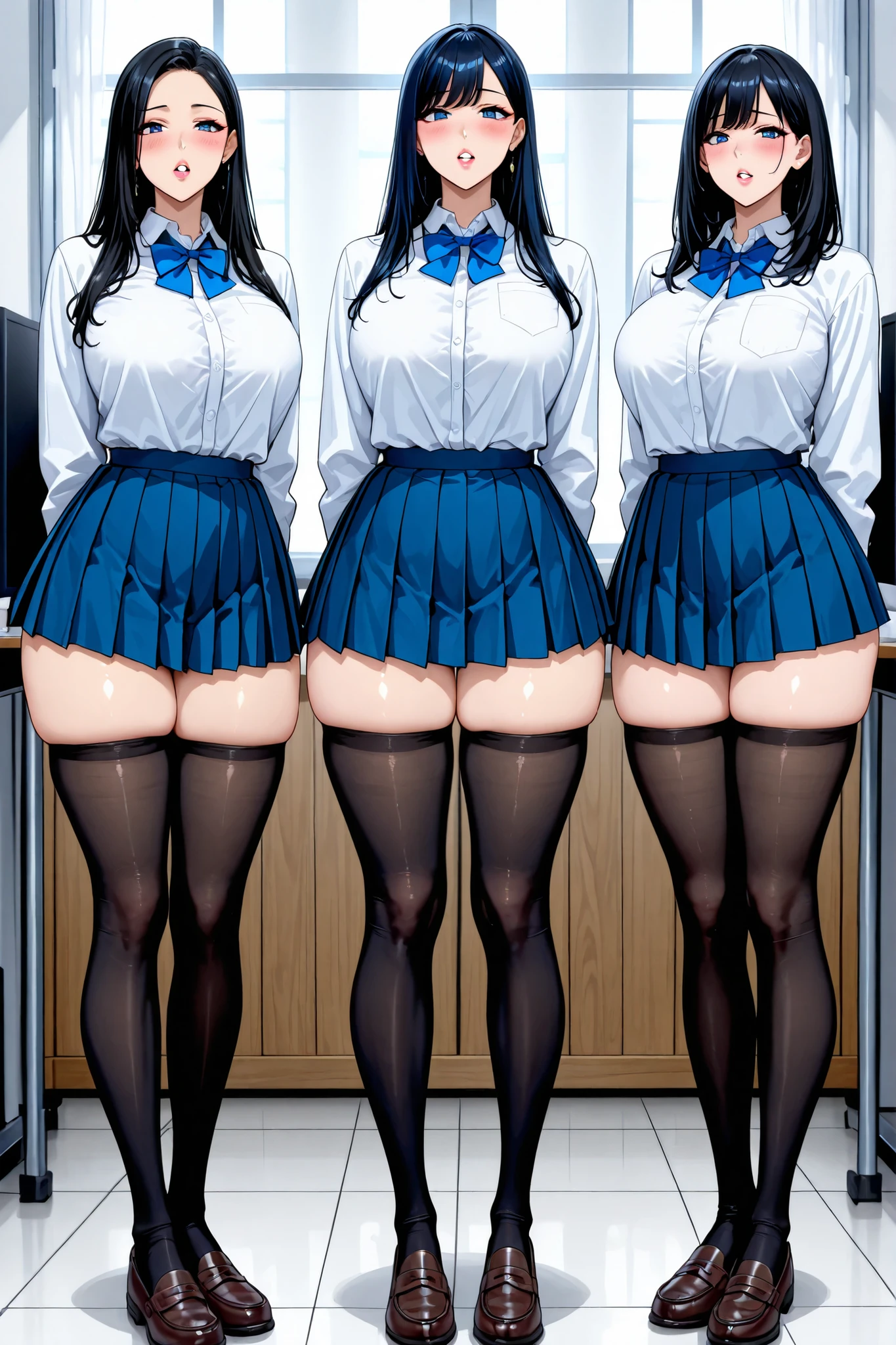 One Woman、beautiful girl, Highest quality, Thick thighs、Big 、Bigack Hair、Long Hair、Bangs、Blazer uniform、Angle from directly below、Intimidating attitude、School、Many students behind、The gesture of pulling up the hair、Short pleated skirt、Black Pantyhose、Blacties under pantylk、Climbing thirs、Schoolの階段、Angle from directly below、Sweaty pantyhose、Put one foot on the s、Show the soles of your feet