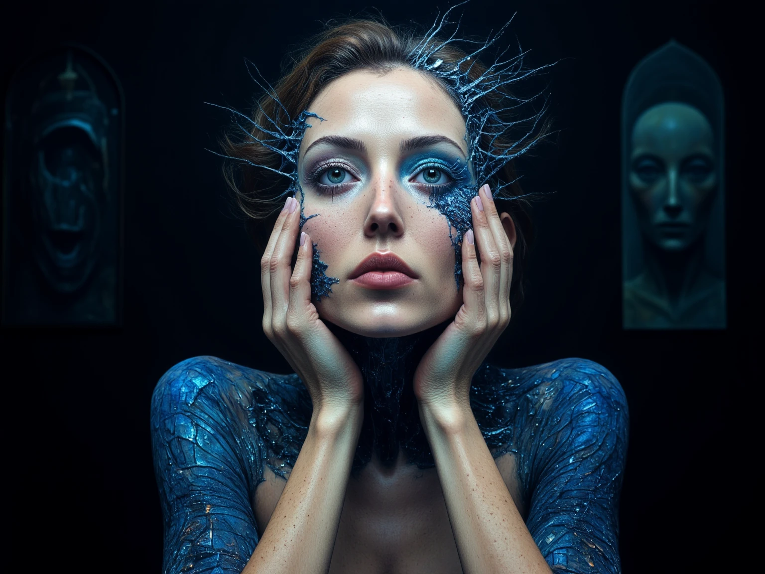 broken Mirrors reflect our fragility; in them,
we see our own inner truths. 
stunning girl standing in front of the smashed mirrors and
watching her reflections from thousands of broken mirrors  , behind the broken mirrors deep space and stars of huge nebulas replaced , altering our reflection in
the broken mirrors ,dark shadows ,midnight,spot lights , fantastic, crashed mirrors flying around reflecting shapes of body , portrait of a lady , beautiful mesmerizing faces reflecting from broken mirrors at the dark horizon, portrait shot , nebulas and stars at the scenery, dark blue beautiful symmetric eyes ,3D,perfect eyes,extremely detailed face, lifelike photography, ultra high detailed,naughty smile ,high  quality ,alluring beauty full body shot ,closeup shot, gorgeous Russian model, awesome action photos, realistic, hyperrealism, fantasy , beautiful fit body, beautiful long legs, reasonable nudity