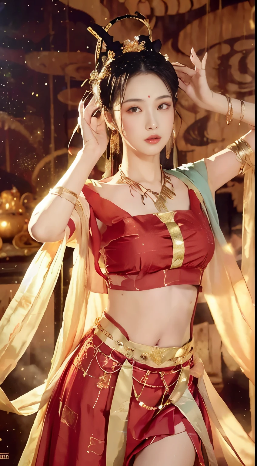 (8k, RAW photo, best quality, tmasterpiece:1.2), (realistic, photo-realistic:1.4), (Extremely detailed CG unity 8k wallpaper), (1 girl:1.5),Beauty of the Western Regions,(Red clothes:1.4),There are red spots on the forehead,Pale skin,Blushlush,largeeyes,full bodyesbian,upper legs,Open navel,Gold-tone waist chain,golden ornaments,Flying ribbons,Cool flying dance moves,Particle,The background is desert, Ancient city walls,A desert,dance, dunhuang_dress, dunhuang_style,Put your hands behind your head