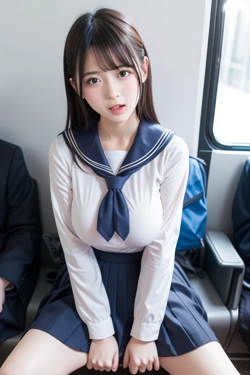 Masterpiece、Highest quality、【lower body focus】、Super detailed、Only from the neck down 画面いっぱいのSailor suit、Sailor suitが近い、Head is cut off Japanese school girl uniform、Sailor suit、紺色のSailor suit、Pleated skirt、Navy Blue Skirt、Long skirt clavicle、Soft thighs from the neck down focus、View from the neck down、Chest up、Chest close up、Chest close、Get closer to my chest Train window、countryside