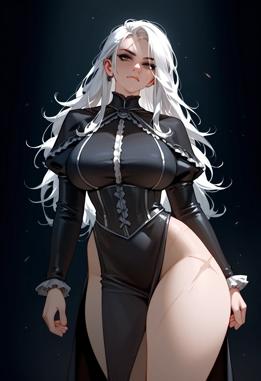 [Black: Aqua Blue: 0.65] theme, masterpiece, mature masterpiece, detailed visual art, blue eyes, silver hair, long hair, elf ears, shiny skin, charming collarbone, queen, mature, elegant, gorgeous white wrap with bare shoulders, bare, big breasts: 1.3, open crotch, cleavage, no panties, high heeled knee boots, [NSFW|uncensored], (simple background: 1.1), low wing, (full body: 1.4)