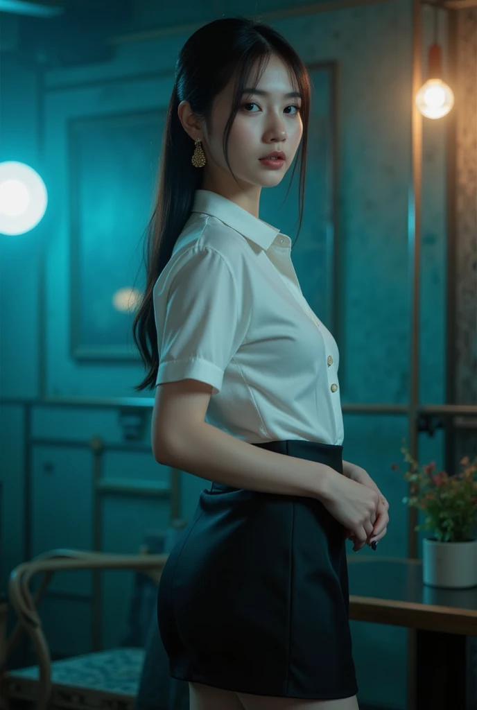 Game Art，Best image quality，Maximum resolution，8K，((A bust photo))，(Transparent white silk shirt)，(Drunken state)，((Dark blue skinny jeans))，((portrait))，(Rule of Thirds)，Unreal Engine 5 rendering works， (Future girl)，(Female Warrior)， 22-year-old young hacker)，(Oriental hairstyle)，(Beautiful eyes full of details)，(Large Breasts)，(Eyeshadow)，Elegant and charming，indifferent，((frown))，(Transparent white shirt，这套服装融合了Dark blue skinny jeans，Clothing is decorated with glittering patterns and emblems)，Legs apart，Cyberpunk Characters，in the style of futuristic， Photo poses，City background，lamp，Ray Tracing，Game CG，((3D Unreal Engine))，OC rendering reflection mode