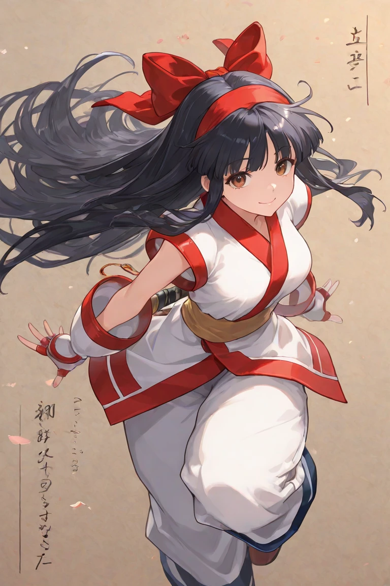masterpiece, best quality,1girl, red bow, bow, long hair, hair bow, ainu clothes, solo, hairband, bird, black hair, fingerless gloves, short sleeves, gloves, sash, pants, bangs, red hairband, weapon, breasts, brown eyes, white pants, japanese clothes, nakoruru, light smile, officials art, good composition, official pose, detailed portrait, portrait, bokeh, mountain background with cloud, pencil style, traditional brush, samurai, onmyoji style, high resolution, dramatic lighting and shadow, sun flared, blurry foreground
