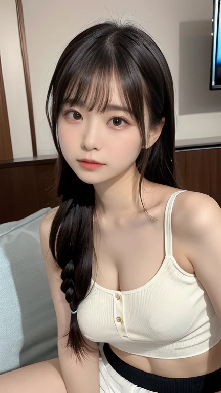 masutepiece, Best Quality, Photorealsitic, finely detail, hight resolution, 8K Wallpapers, Perfect dynamic composition, Beautiful detailed eyes, Medium Hair, poneyTail、Medium chest, Random and sexy poses,Bring your chest together、(Tight Blue Knitwear)、(Breast bulge)、A smile、open open mouth、The tip of the tongue is visible、Beautiful resort scenery、25-years old、(Drooping eyes 1.4)、Adult beauty、japanes、Raise one hand、Beautiful armpits, (nsfw)