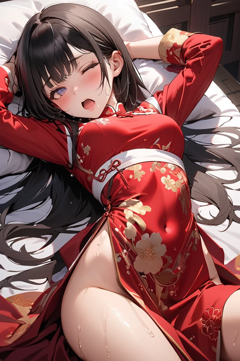 8k Tragic historical drama in live-action style: Beautiful palace secrets Beautiful Chinese Kung Fu princess with long black hair is forced to have sex by the devil Gorgeous embroidery, Ultra glossy, She is wearing a shiny red long-sleeved floral kung fu suit.... She cries loudly and is made to lie on a floral futon and has a penis inserted into her She spreads her legs wide