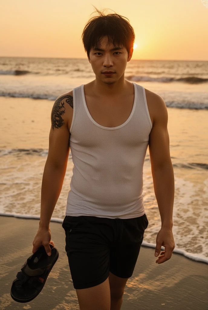 man, handsome, asian, muscles, hand detail, short hair, 25 years old, tank top, beach, high resolution, high quality