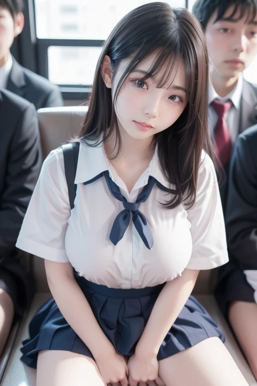 (((Big: 1.3, Saggy breasts: 1.4)))), 8k, RAW photos, low angle shots, ((18 years old, very cute schoolgirl in a short skirt and bow tie sitting on a crowded train)), (Japan girl in uniform), (in Japan school uniform), (in Japan school uniform), (surreal schoolgirl), (dressed as a schoolgirl, surreal schoolgirl), Wearing a school uniform, realistic schoolgirl, girl in uniform, Schoolgirl pose, full body, nice skin, glowing skin, nice thighs, shining thighs, shining legs, smiling (in a crowded train), bangs, showing teeth, twin tails, hair ornament, (round face), sagging eyes, round beautiful eyes, chubby, ((emphasizing radiant white skin)), shoulder width: 0.6, low angle, (white thighs), long legs, Emphasis on shining legs