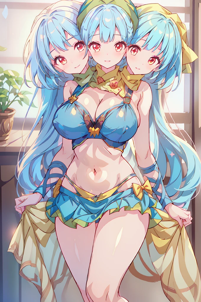 (masterpiece, best quality),best quality, best resolution, (ultra-detailed), (3heads:1.5), 1girl, (keiki haniyasushin:1.3), masterpiece, best quality, ultra quality, ultra resolution, ultra detail, yellow top, crop top, ((stomach)), midriff, ((groin)), yellow skirt, miniskirt, normal ears, shackles, sky blue hair, very long hair, wavy hair, sidelocks, red eyes, parted lips, sweat, cute, toned belly, hand on own chest, eyelashes, (25 year old woman:1.3), (masterpiece:1.5), (best quality:1.5), (beautiful detailed), extremely detailed CG, extremely delicate and beautiful, depth of field, (finely detailed face), (perfect details:1.2), (mature female:1.3), wide pelvis, slender, large veiny breast, 16k resolution, highres, high quality, high definition, extremely detailed, masterpiece, sky blue hair, long hair, alluring presence, twin braid, short skirt, close up, big tits, young, green handkerchief, haniwa, kofun period clothing,