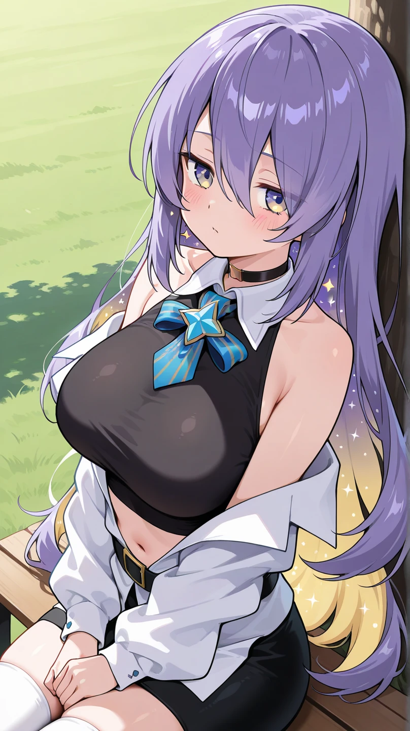 alone,bright hair, medium long hair, beautiful detailed girl, highly detailed eyes and face, beautiful and detailed eyes, shy, nature_lit, shine,NSFW, clean null, looking at the viewer, outdoor, night null, star (null), black pantyhose, straight hair, Purple petals, Purple and blue flowers, red pupil, ponytail, blue ribbon,gray hair, thick_thighs, big breasts, red eyes upward glance big nipples Muchimuchi