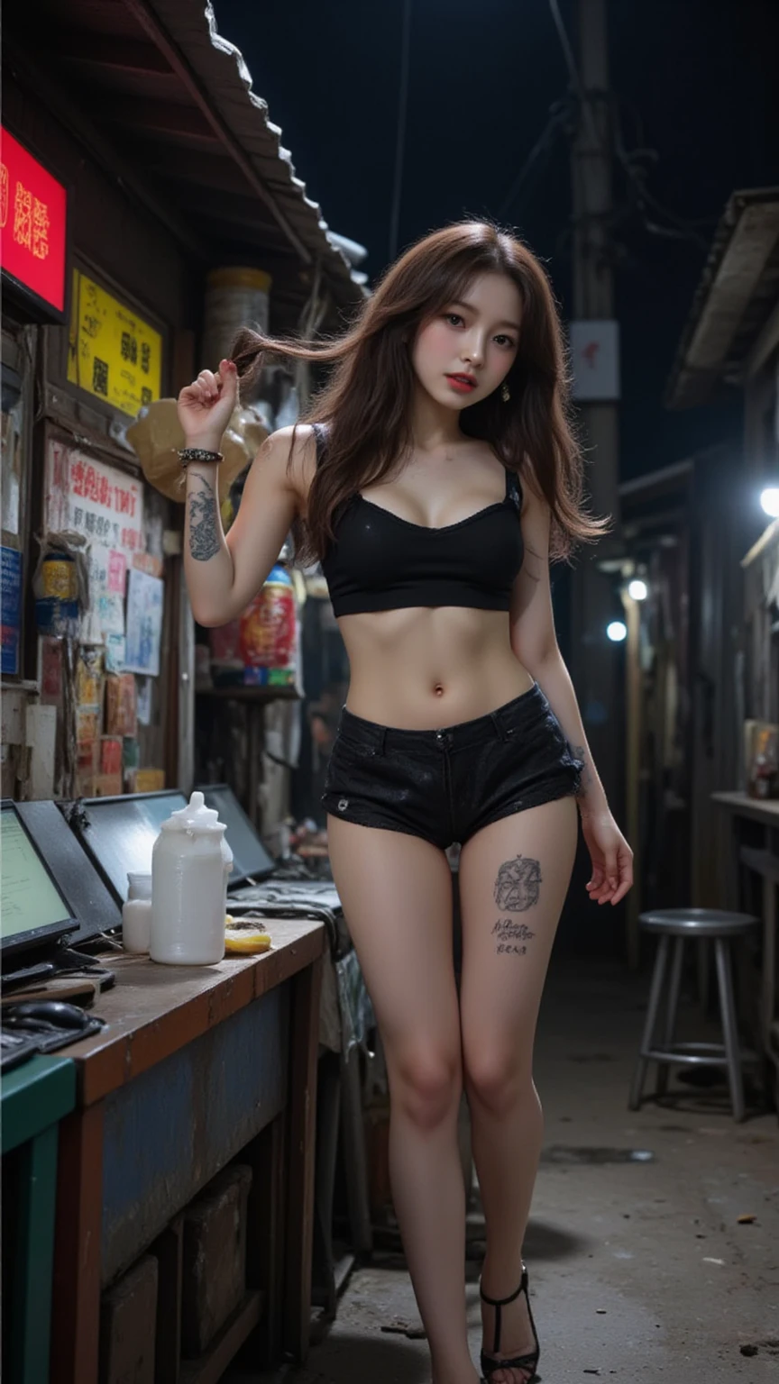 Detailed image quality, excellent，scary，secret fear，Uncanny Valley Effect，Skull，hellfire，dark queen，yakuza，The tattoo is very three-dimensional.，Colorful and intricate tattoo designs，tattoo queen, jeans hot pants, fishnet stockings , Photo showing up to the thighs, Moderately large breasts, Skull tattoo on thigh,angel without wings,