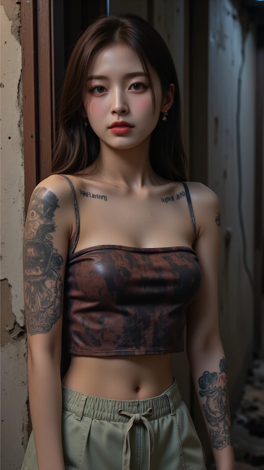 Top quality, 8K, Realistic, raw photo, Young, cute and sexy girl drinking and laughing with big mouth open in a nightclub, dressed like a revealing punk rocker, tattoos on neck and shoulders, big, lots of high-end looking liquor bottles of various brands on the shelves