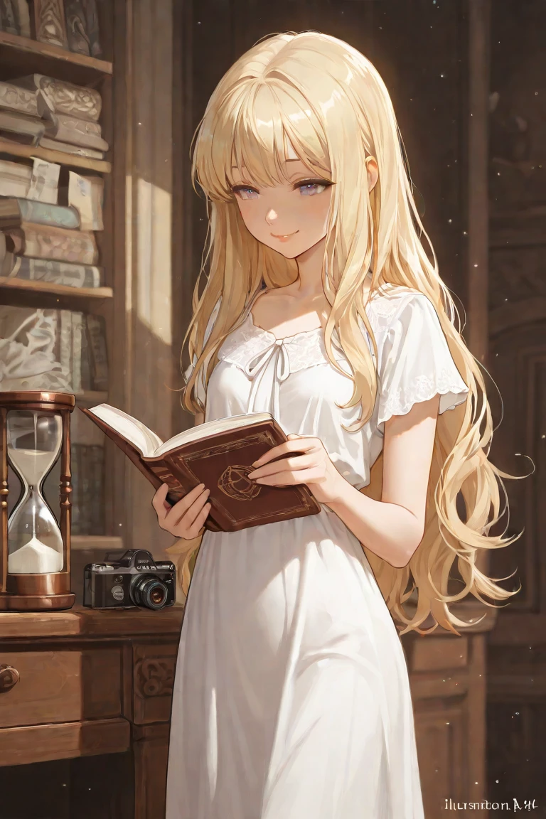 A beautiful girl with long, flowing blonde hair is lying on the sofa reading a magazine. Beautiful flowing hair, beautiful and delicate face, perfect body shape, one-piece dress, relaxing time