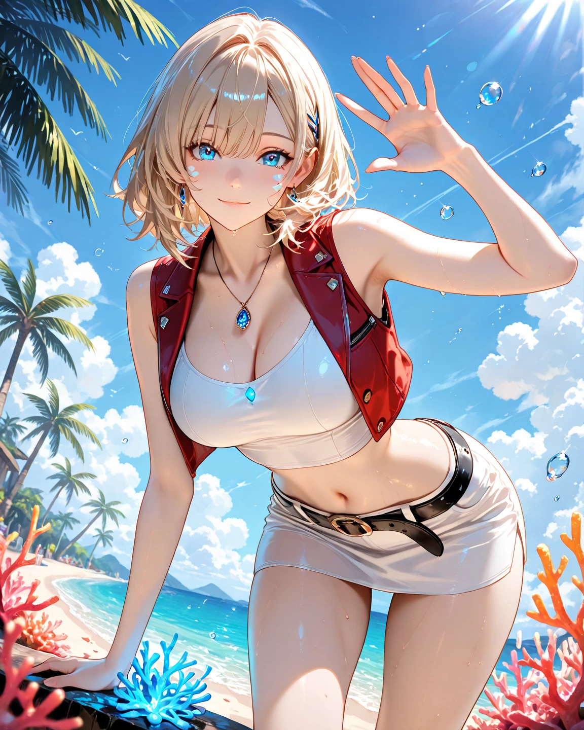 Highest quality, masterpiece, Ultra-high resolution, (Realistic:1.4), RAW Photos, Intricate details, Big beautiful eyes, Perfect contours, masterpiece, whole body、One Girl, Braided Bob, (Firm breasts:1.3, High chest:1.3), Curvy waist:1.3, Competitive swimmer, (one piece:1.3, turtleneck,Sleeveless swimwear), A shiny metallic green swimsuit:1.3, Tight super high leg swimsuit:1.3, ((Shooting from below:1.3)), Portraiture, View your viewers, Outdoor swimming pool, Wet Skin, smile, Sweat, (Smooth underarm), Gravure model pose