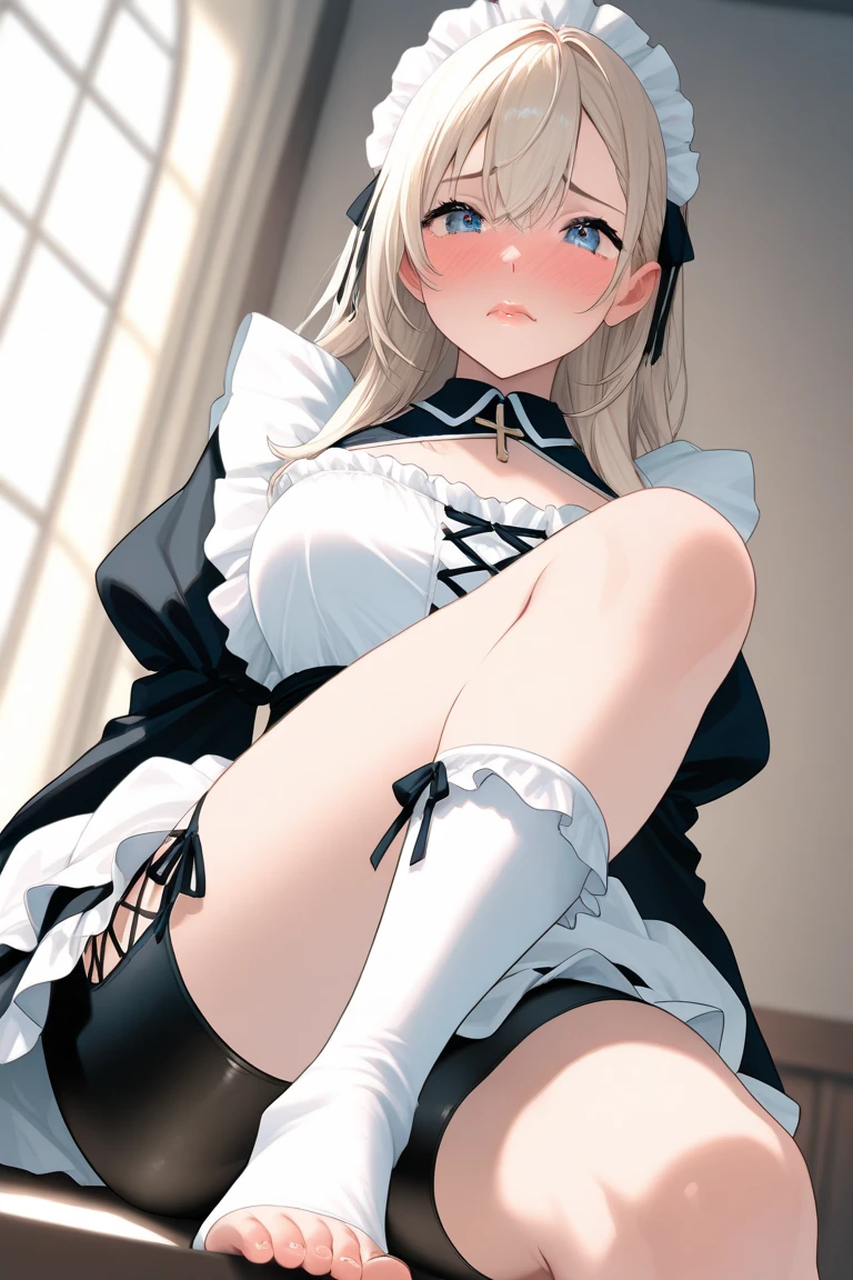 highest quality, masterpiece, ((1 girl:1.5)), ((smile:1.3)), (blush:1.3), Black Shirt, blouse, ((fun!!)), (Small ), Blonde, (Long sleeve), ((White apron:1.5)), ((Maid)), ((hair ornaments)), Kamimei, look at me, ((in house:1.5)), Taking a break from watching the audience, ((knees to chest:1.5)),((spread ((shaved pussy:1.5)) eyes, long hair, Glowing Eyes