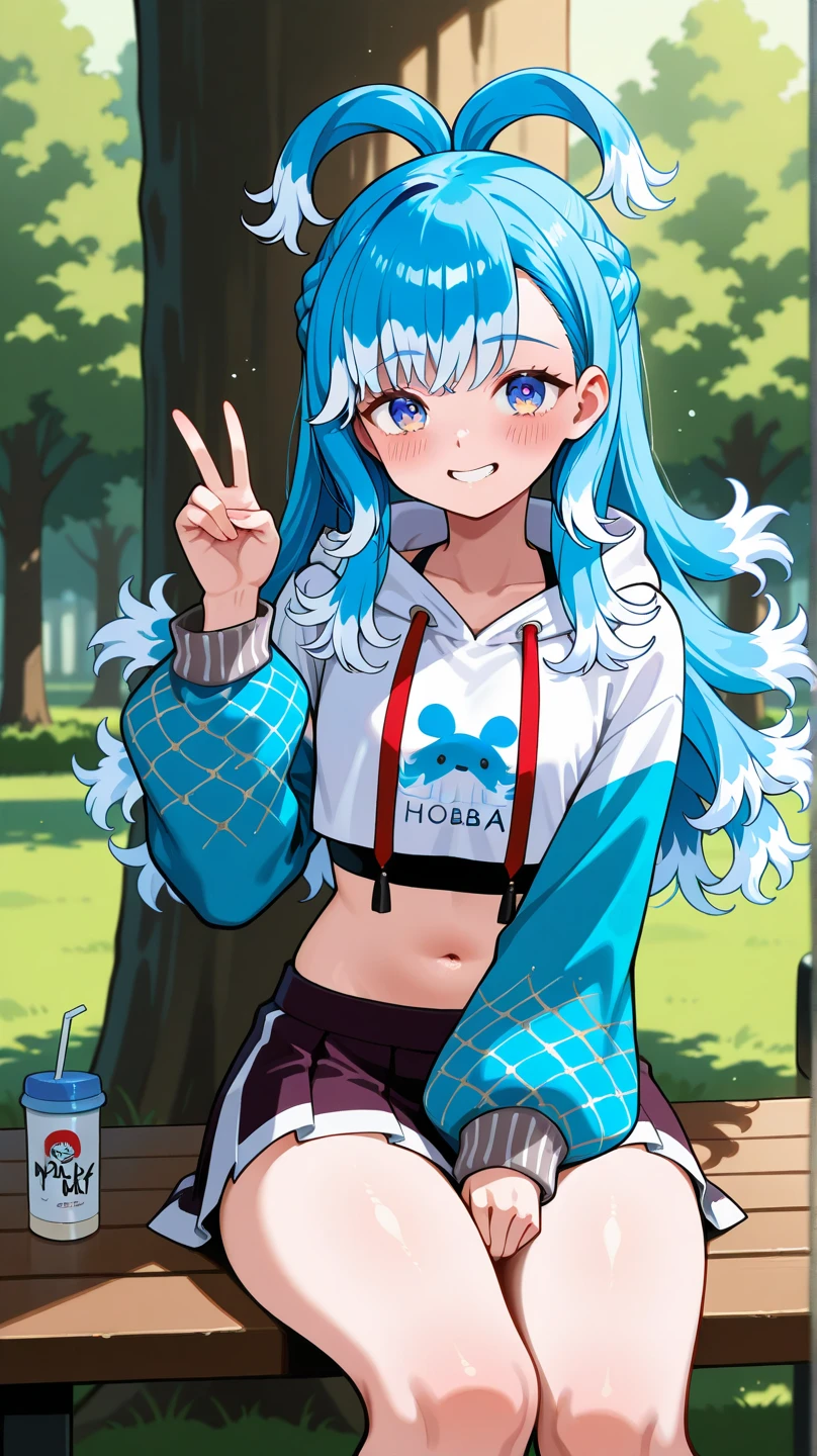 Single boy, Anime Femboy, Short, Long white hair, wolf ears, wolf tail, blue eyes, wearing jean short shorts, thigh high socks, black combat boots, wearing cropped black hoodie, flat chest, super flat chest, solo femboy, only one femboy ((FLAT CHEST)), wide hips, thicc thighs, happy, nice butt, lobo written on hoodie, laying on back with legs spread and up in the air, crotch bulge (CROTCH BULGE), suggestive pose