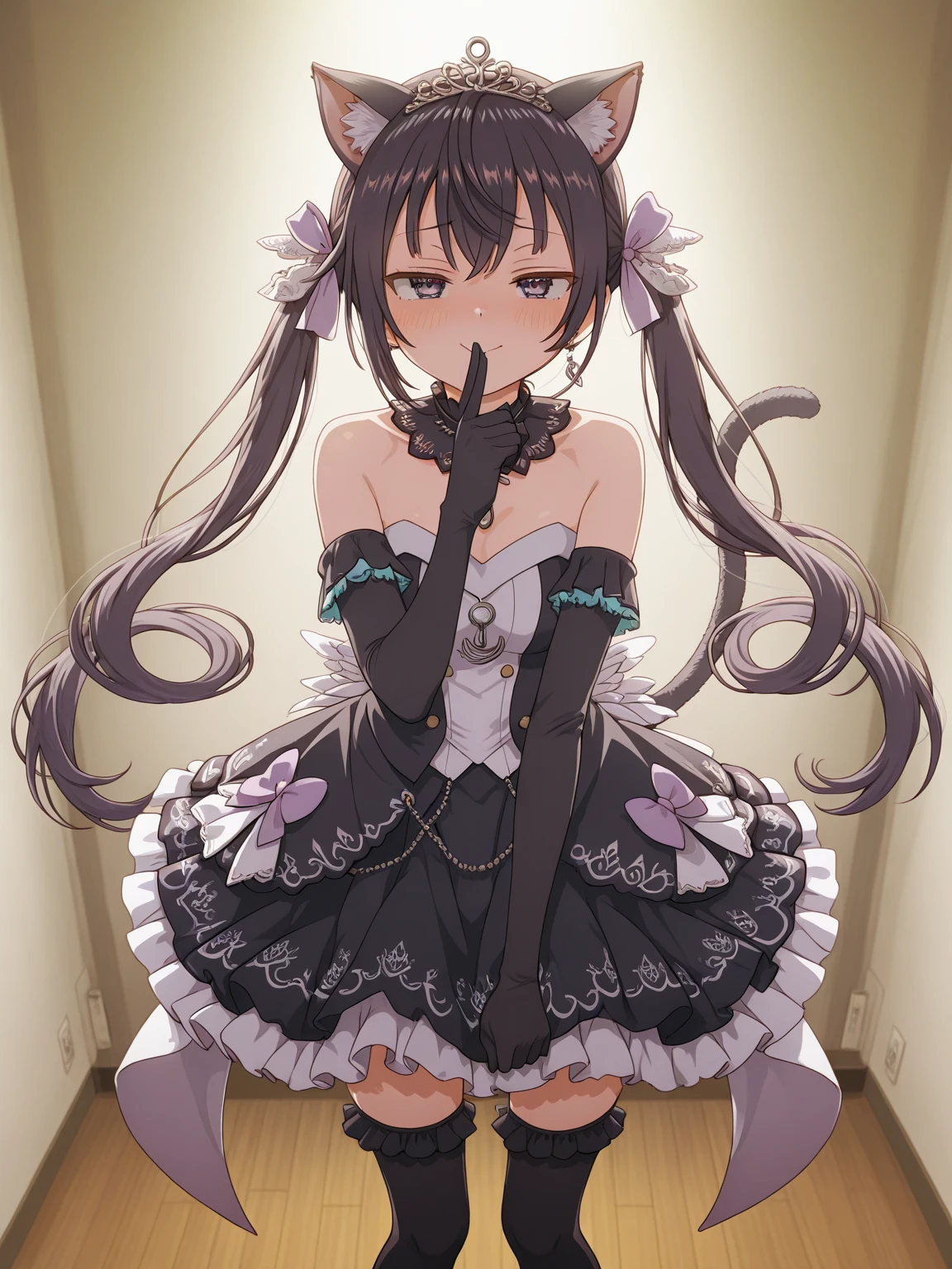 1girl, solo, (((masterpiece))), best quality, shallistera, upper body, looking at viewer, simple background, ((limited palette)), purple paint, sitting on a bed, from above, blank stare, warm smile, monochrome, (((evil))), shadow on face, hands on thighs