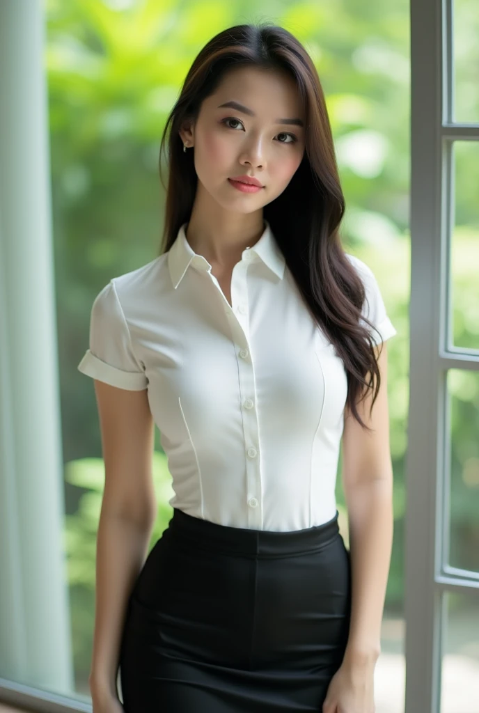 Create a character: Mina (Meena) (Masterpiece:1.3), (8K, realistic, raw image, best quality: 1.4), age: 19 years,Small body, tan skin, short hair, C cup breasts, small waist, curvy butt, slender legs., Thai students, White short-sleeved, slim-fit shirt., collar shirt, Matte black short pencil skirt, very short, Side slits, Women's matte black skirt with belt.,