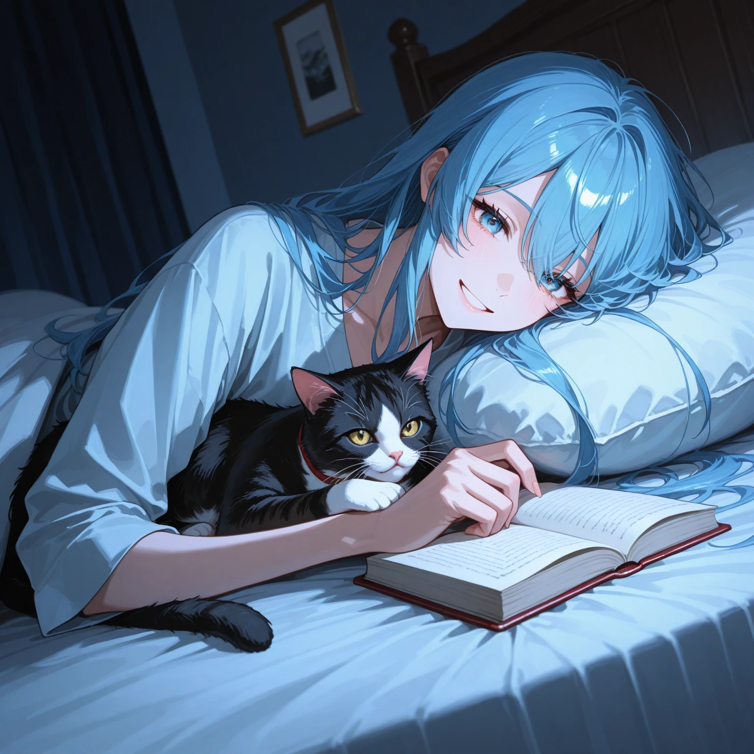 Adjusting lines and colors, illustration of pale shades of pencil and ink, woman sleeping with cat, carp swimming in the back, butterflies fluttering, anime-style illustration, uniform, white shirt, blue ribbon, blue skirt, dark blue hair, white skin, sleeping, bob cut, flowers dying