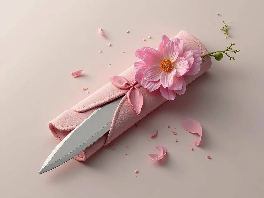 Make a realistic knife inspired by the character Cry Baby in pink with pink bows