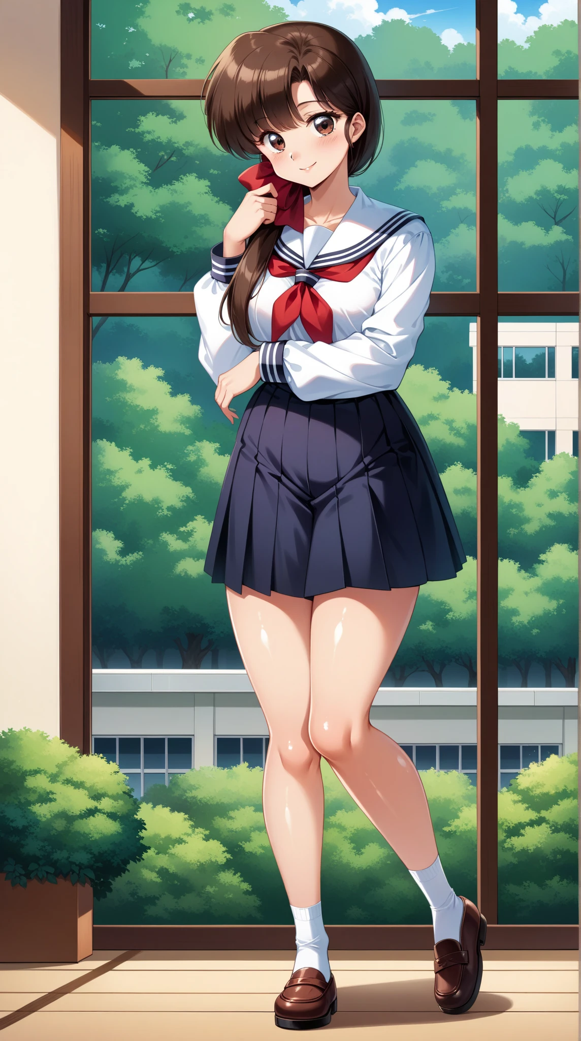 8k, high detailed picture, solo, very young girl, long brown straight hair, big luminous brown eyes, rounded face, shy, plump smiling lips, looking at you, perfect small breast, whole body, slim body, MFBP1, parororo, simple white background, holding book, wearing in blue pleated miniskirt and white short sleeve shirt, soviet pioneer red neckchief, a short fragile girl, sashagrey 
