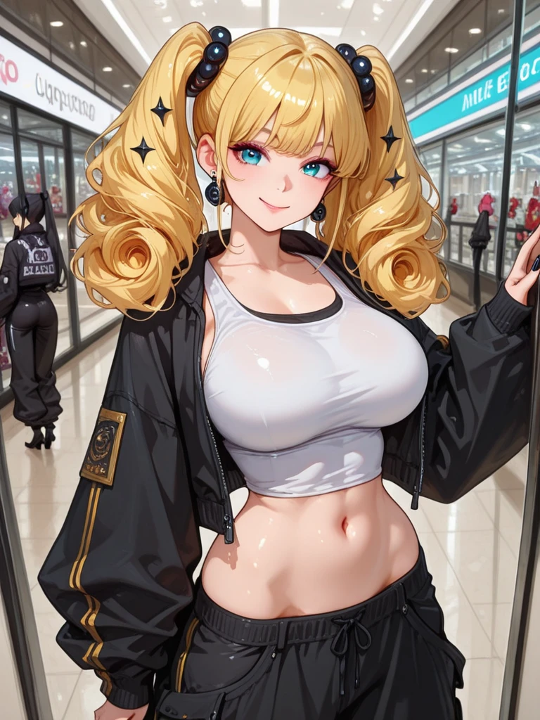 une illustration de style manga coloré montrant une fille aux longs cheveux blonds avec un regard déterminé et dur. Elle porte un uniforme de serveuse très serré qui met en valeur ses muscles, en particulier ses bras extrêmement musclés. Dans le restaurant, elle porte un plateau de bières de la main gauche, sa main droite touche son énorme biceps gauche qu'elle contracte fièrement, exhibant ses muscles durs et saillants. Autour d'elle, les clients l'observent avec des expressions impressionnées, ébahis par la taille de son biceps.