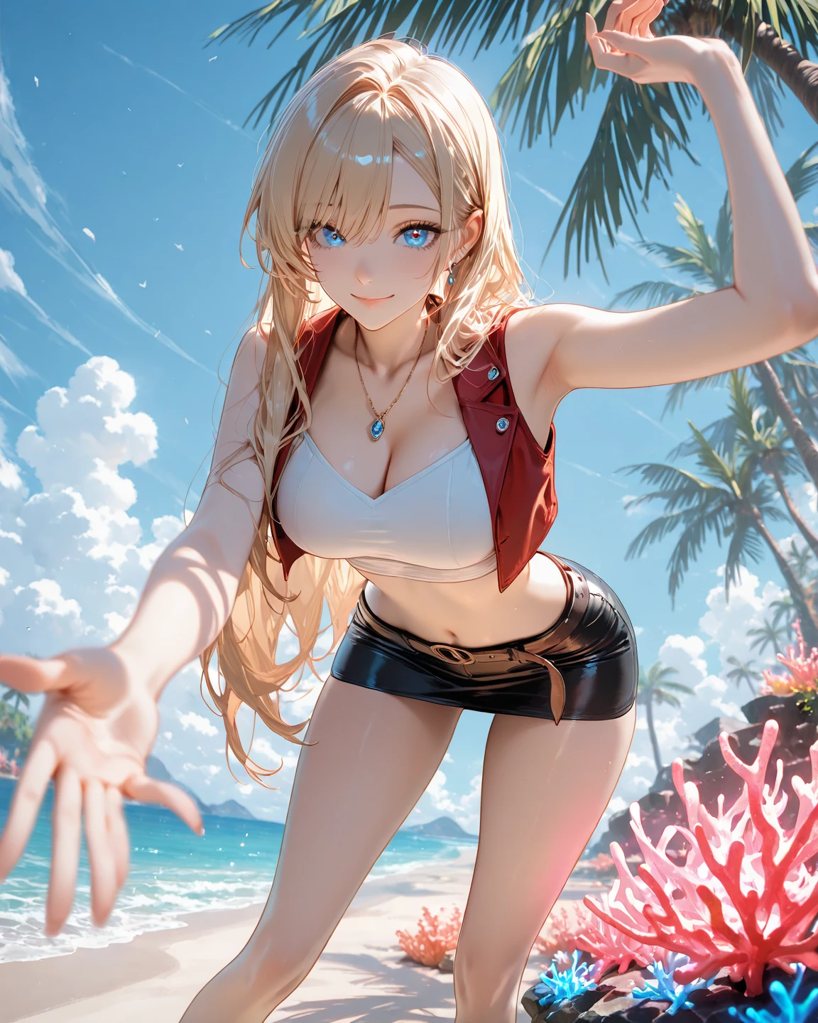 animated cartoon、One beautiful blonde girl、red eyes、doress、off shoulders、the ocean